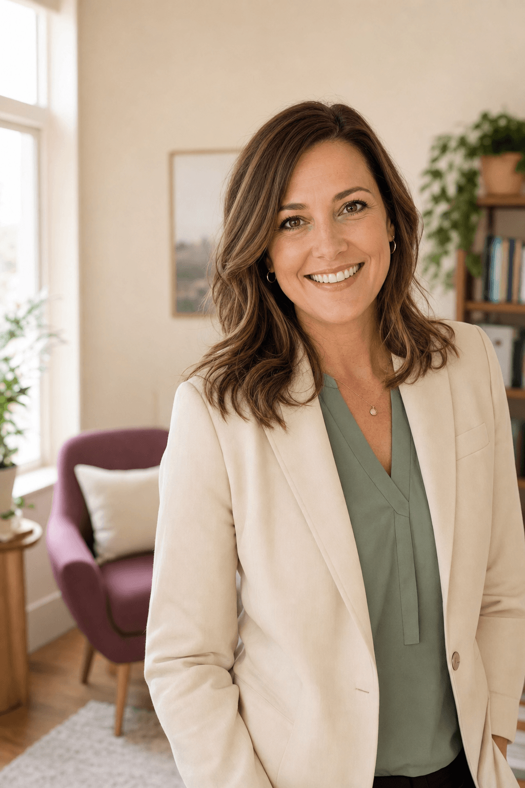 A therapist smiling in her bright practice office